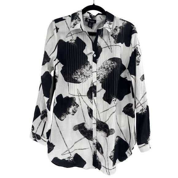 Alison Sheri Long Sleeve Button-Up Blouse S/P Black & White Abstract Print Polye - Picture 1 of 10